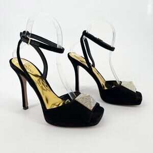 Valentino Garavani Black Velvet Crystal Embellished One Stud Sandal Heel EU 38